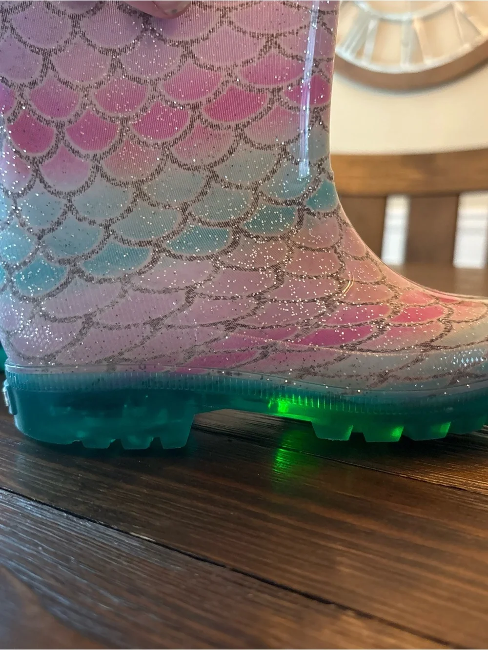 Light-Up Kids Glitter Mermaid-Scale Rain Boots in Pink & Teal
